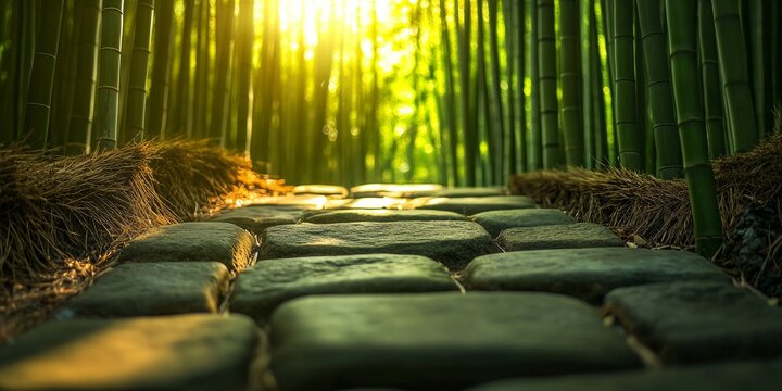 Stone path leading through a tranquil bamboo forest in japan at sunset
