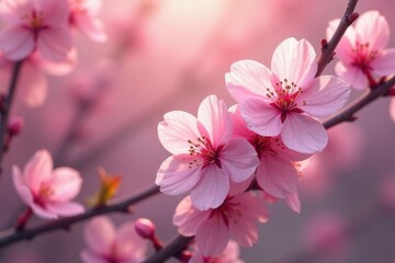 Naklejka premium Delicate Pink Blossoms on a Branch, Illuminated by Soft Sunlight, a Stunning Display of Springtime Beauty