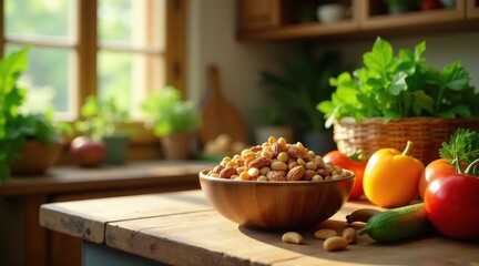 Sunlit Kitchen Table with Bowl of Mixed Nuts and Fresh Produce