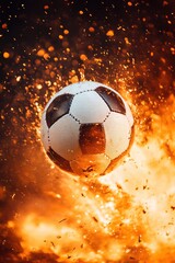 Fototapeta premium Soccer ball in motion surrounded by flames, dynamic sports action concept for advertising football matches or promotional materials
