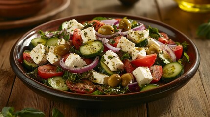 A fresh Greek salad with feta cheese, olives, cucumbers, tomatoes, and red onions, served with a drizzle of olive oil on a rustic wooden table