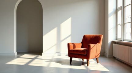 Sunlight Illuminates a Comfortable Armchair in a Minimalist Room with an Archway