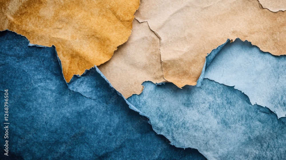 Poster abstract backdrop featuring torn paper in warm and cool tones with pencil strokes for creative backg