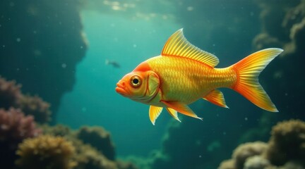 Naklejka premium A vibrant orange fish gracefully swims amidst underwater flora and fauna, showcasing its radiant scales and elegant fins in a tranquil aquatic environment.