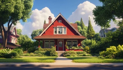 Suburban red house, sunny day, neighborhood, landscaping, home