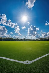 Obraz premium Soccer field under bright sun with fluffy clouds, perfect landscape for sports photography, outdoor activities, and summer recreation in vibrant green grass.