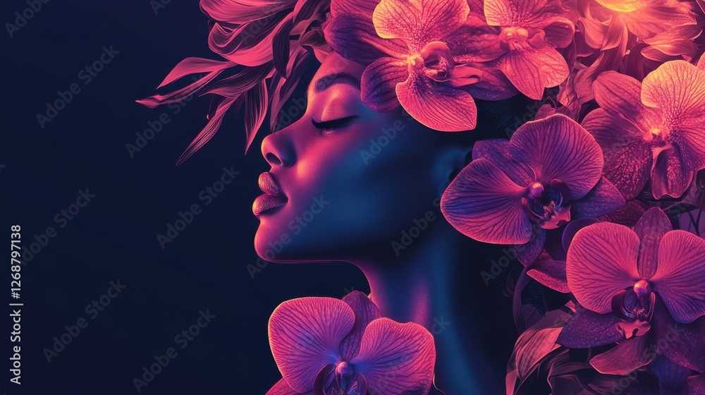 Poster vibrant visualization of a glowing woman surrounded by colorful orchids in a dark setting