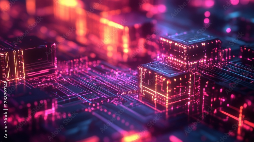 Poster Vibrant digital circuit board with glowing components in shades of pink and orange. Generative AI