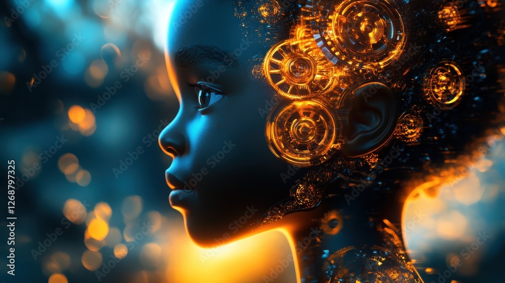 Aufkleber child with glowing features explores a magical world of light and technology during dusk