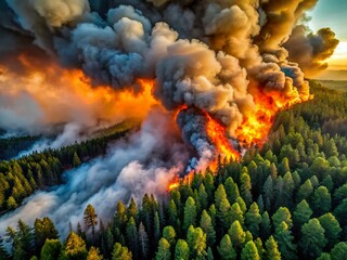 Aerial View of Raging Forest Fire Blaze, Intense Flames and Smoke Billowing - Disaster Stock Photo