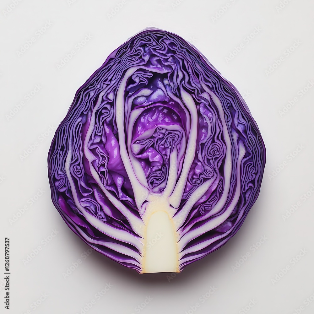 Poster vibrant purple cabbage cut in half reveals intricate patterns and textures of its leaves and core