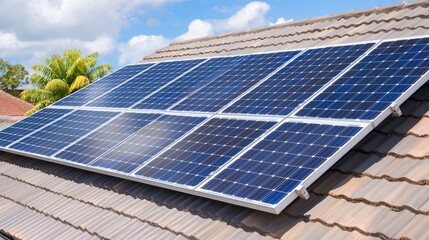 Solar panels on tiled roof, sunny day, palm trees background; renewable energy