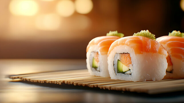 Delicious salmon sushi rolls beautifully arranged on a wooden serving tray.