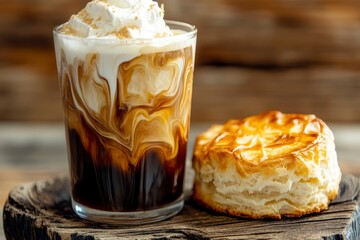 Iced Coffee and Buttermilk Biscuit on Rustic Wood