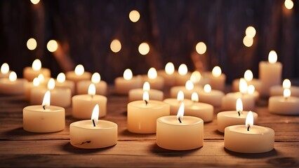 Many Small Burning Candles on Wooden Surface, Warm and Serene Atmosphere with Soft Glowing Lights.