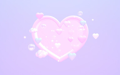 3D render Cartoon heart-shaped window with flying hearts and clouds.