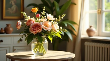 Obraz premium Sunlit Bouquet of Peach and Apricot Roses in a Glass Vase on a Wooden Table