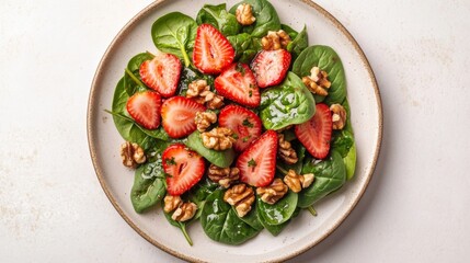 Close-up of a vibrant spinach and strawberry salad with sliced strawberries, spinach leaves, and walnuts, served with a light vinaigrette dressing on a white plate