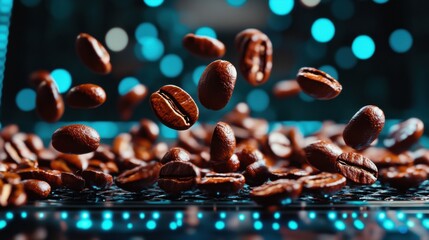 3D holographic coffee beans floating in a futuristic digital cafe environment