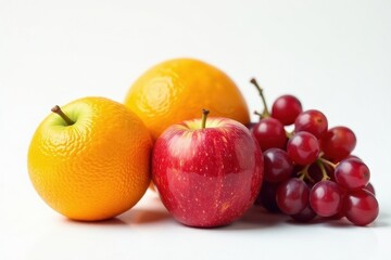 A vibrant still life featuring a cluster of ripe red grapes, a juicy red apple, and two bright oranges, arranged aesthetically on a pristine white background