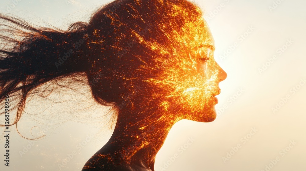 Poster Glowing woman in a surreal setting with fiery elements during sunset