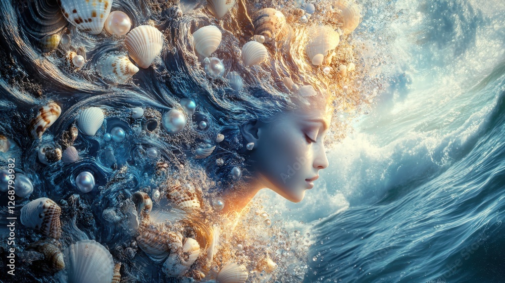Poster surreal glowing representation of a woman merging with the ocean waves and seashells at sunset
