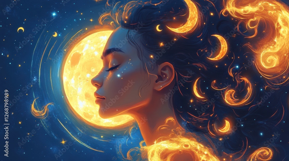Aufkleber surreal depiction of a glowing woman surrounded by cosmic elements in a dreamlike setting