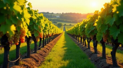 Fototapeta premium Golden Hour Vineyard Rows Sunlit Grapes Hanging Heavy on Vines, Lush Green Grass Between Rows Leading to a Distant Horizon