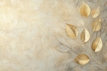 Artistic wallpaper with a luxurious gold leaf design and smooth line art leaves over a textured natural background.