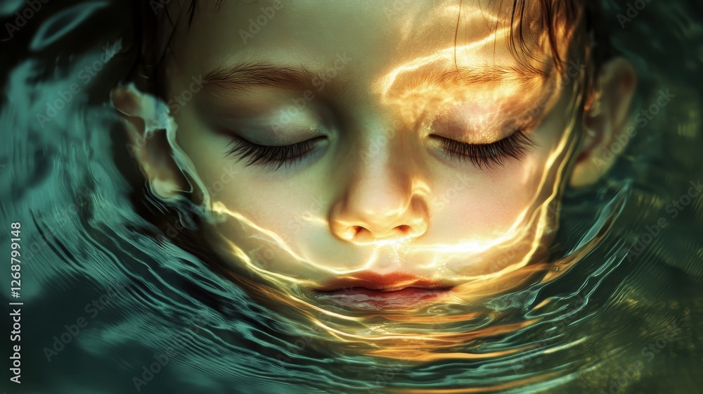 Aufkleber surreal portrait of a glowing child submerged in water during a tranquil moment at dusk