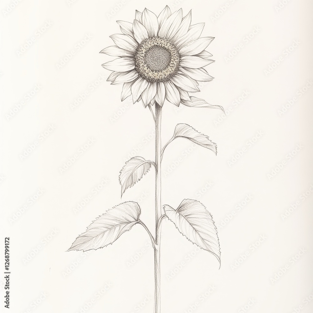 Poster sketch of a sunflower with a tall stem and detailed leaves captured on a blank background