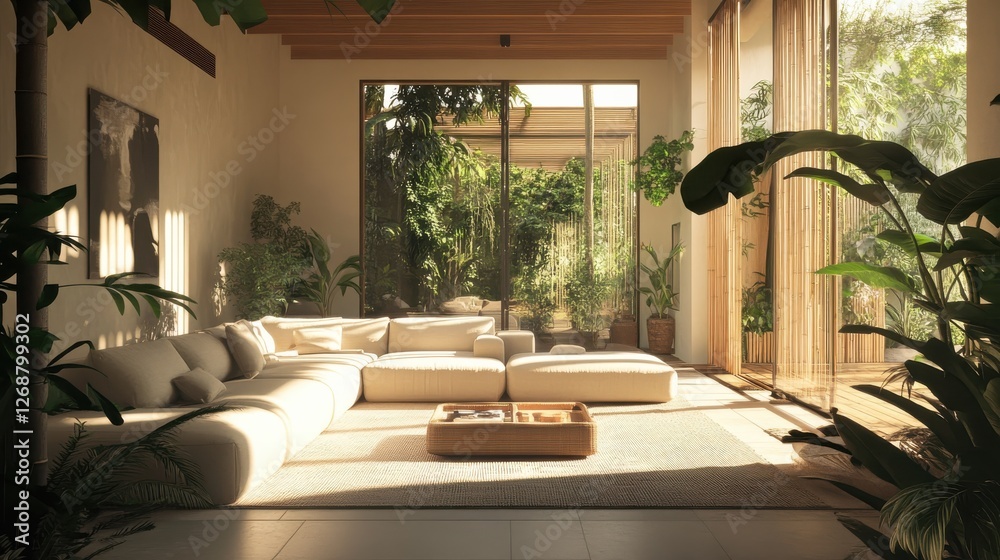 Poster sunlit living space with large leafy plants creating a serene and inviting atmosphere for relaxation