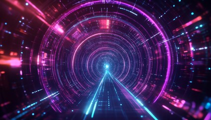 Obraz premium Futuristic tunnel data stream, digital travel, glowing lights, abstract background, tech concept