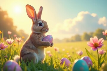 A fluffy bunny rabbit sits in a vibrant spring meadow, gently cradling a decorated Easter egg, surrounded by blooming wildflowers under a warm, sunlit sky.