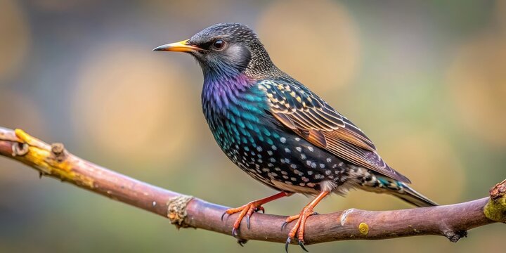 A European starling's plumage and beak are showcased in a close-up shot on a twisted branch with intricate textures and patterns
