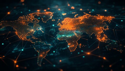 Global network connections glowing map, futuristic background, data visualization