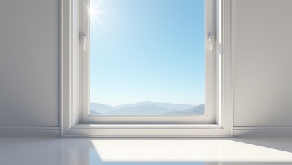 Open casement window, Sunlit room open white-framed casement window clear sky.