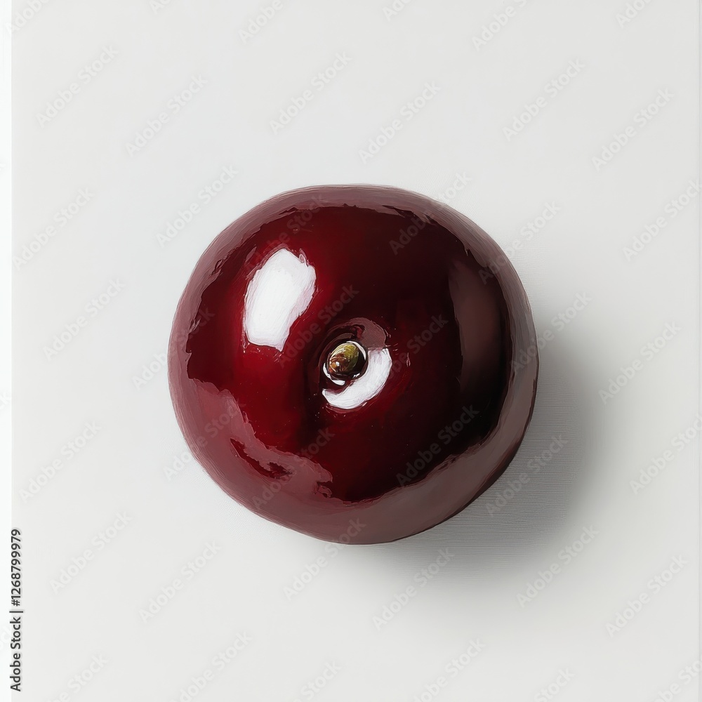 Poster Single ripe cherry with a glossy surface captured in a bright setting showcasing its vibrant color