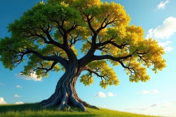 Fototapeta premium Majestic ancient tree on a verdant hill, bathed in sunlight, displaying vibrant foliage