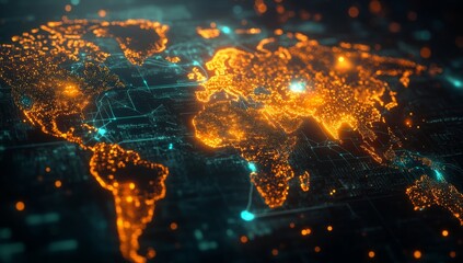 Global network data flow, illuminated map, digital world, background glow, tech concept
