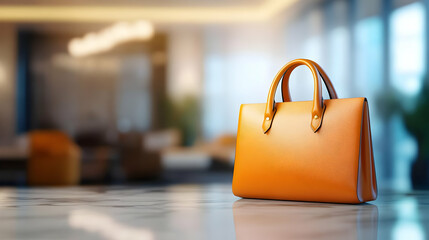 Fototapeta premium Elegant orange handbag placed on a marble surface in a modern environment.