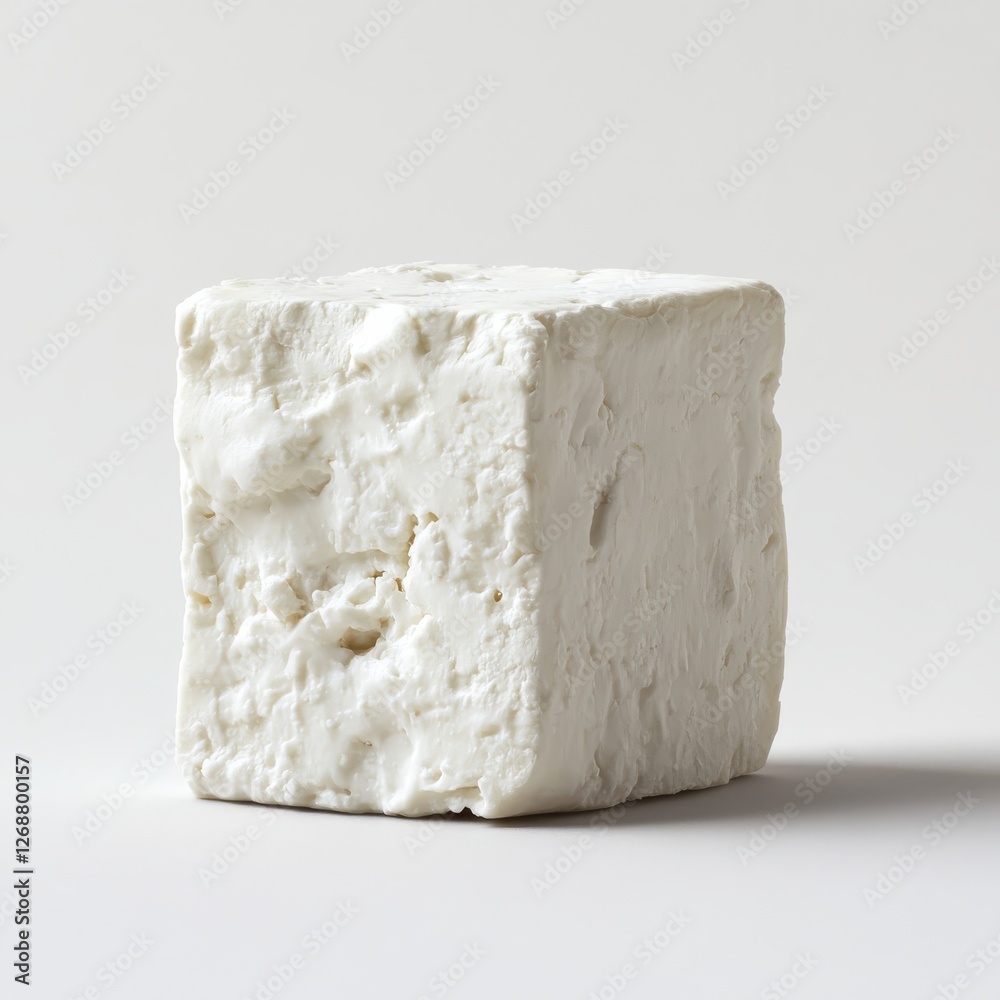 Poster Feta cheese cube with a crumbly texture displayed on a neutral background