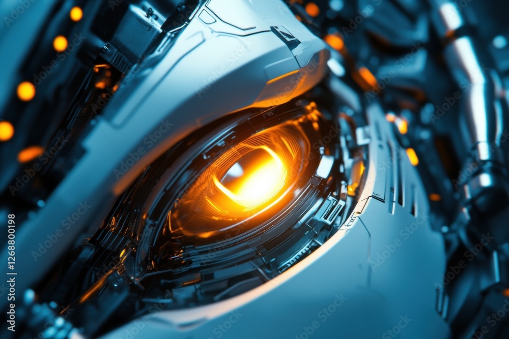 Poster Robotic eye glows softly in a complex network of futuristic circuits and technology. Generative AI