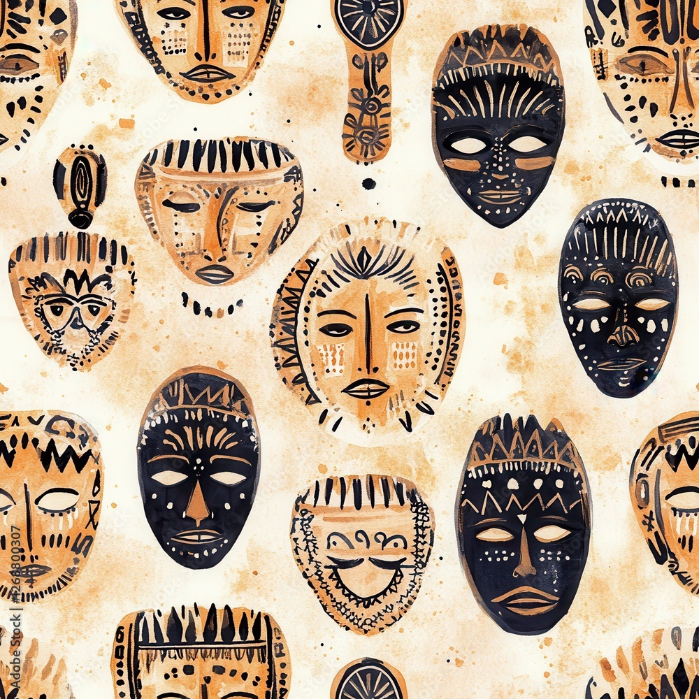 Poster doodle watercolor artwork featuring diverse masks in an abstract and serene style reminiscent of cul