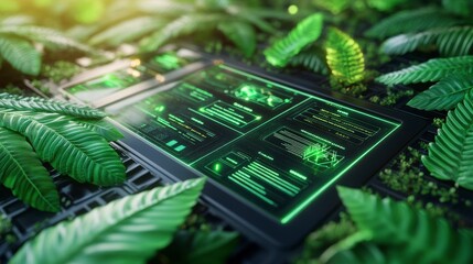 Lush Green Tropical Leaves Surround Futuristic Digital Interface