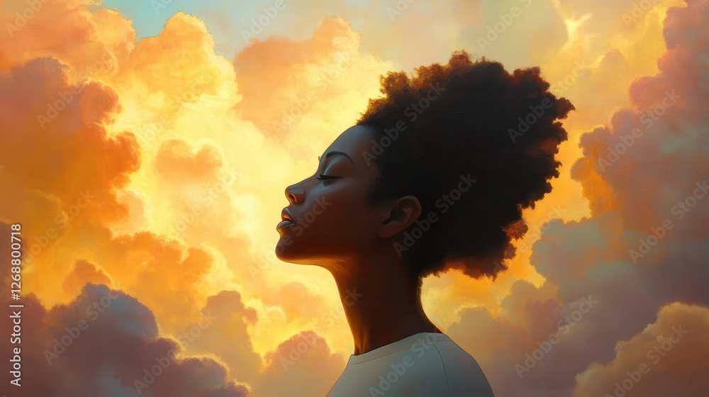 Aufkleber serene portrait of a woman glowing with soft light during a sunset against a backdrop of colorful cl