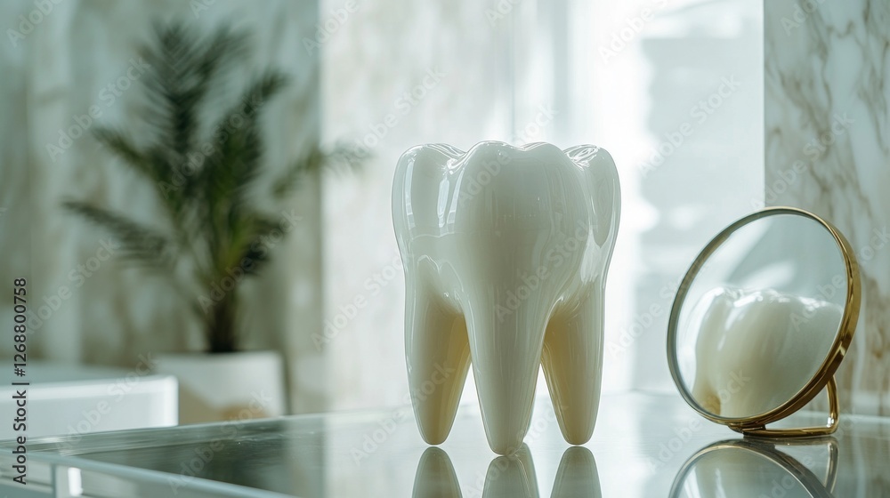 Aufkleber a striking large white tooth model stands prominently on a glass table illuminated by soft natural l