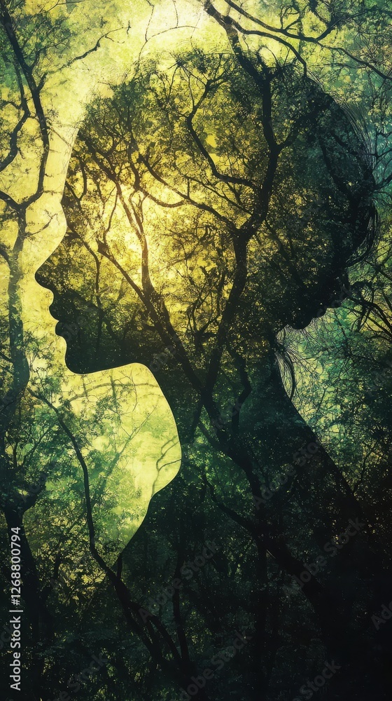 Aufkleber Serene portrait of a woman with a glowing silhouette intertwined with natural elements in a tranquil forest setting