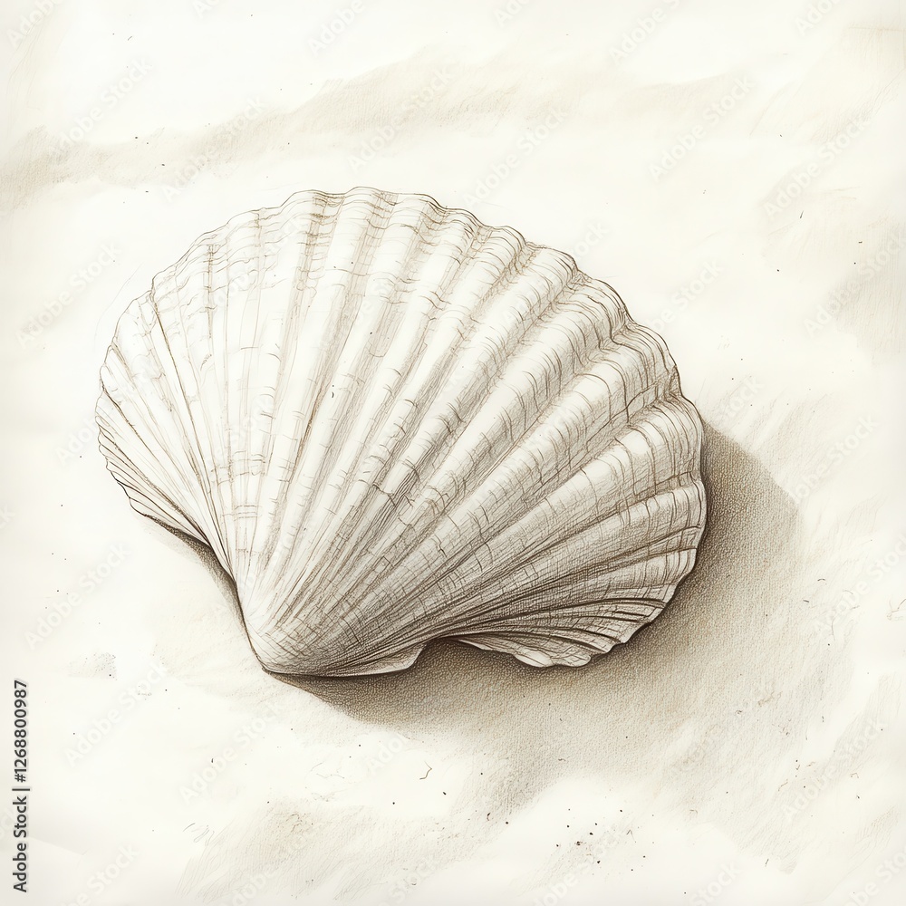 Poster seashell resting in fine sand captured through detailed pencil sketching at a serene coastal locatio