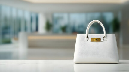 Fototapeta premium Elegant white handbag placed on a minimalist table in a modern setting.